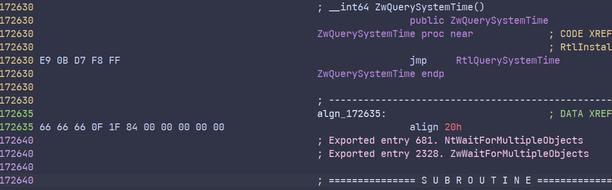 IDA disassembly showing ZwQuerySystemTime at address 0x172630 as a jump to RtlQuerySystemTime, followed by the next exported syscall entry at 0x172640.