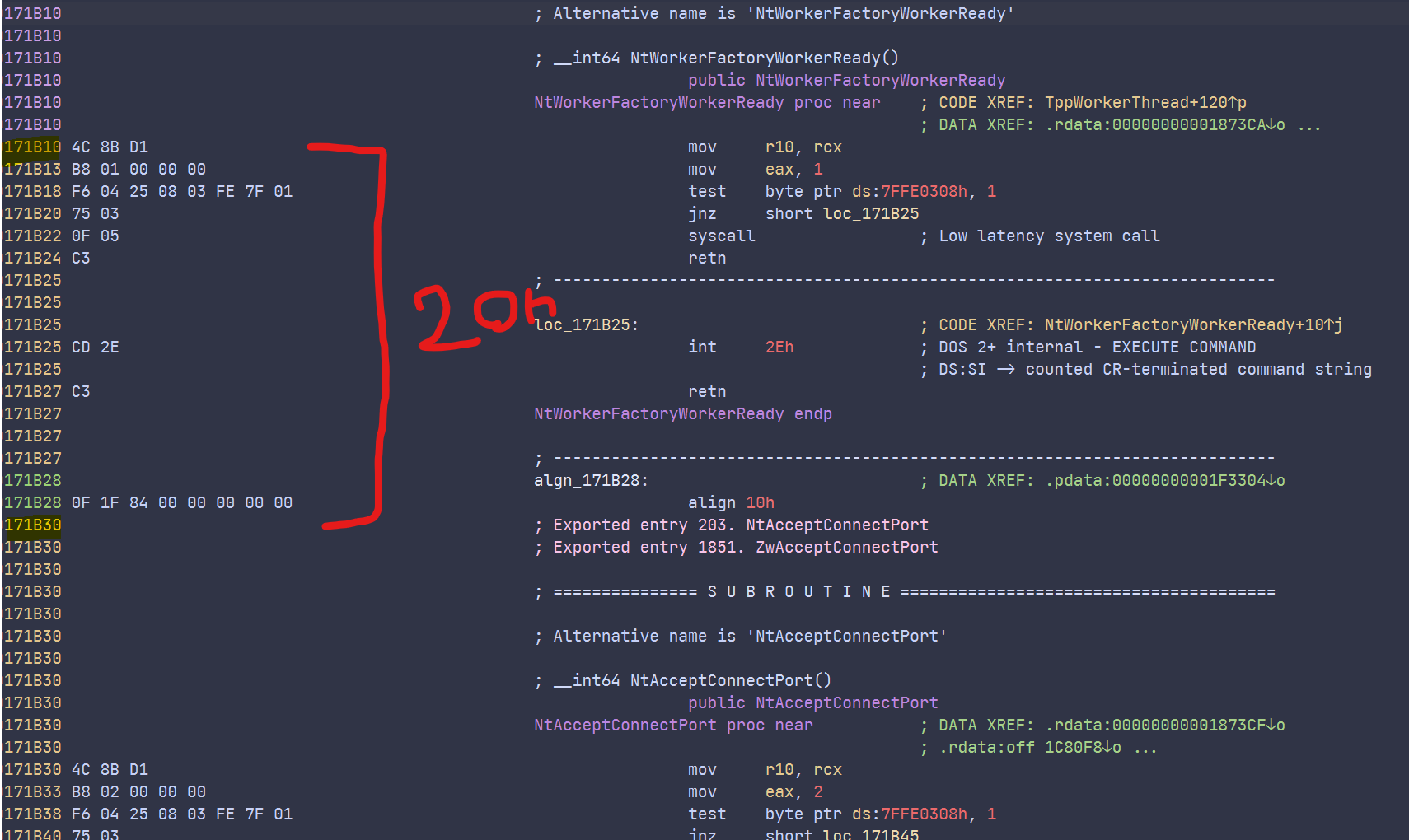 IDA disassembly showing the canonical NtWorkerFactoryWorkerReady syscall stub beginning at address 0x171B10 and the following NtAcceptConnectPort export beginning at 0x171B30. A red brace marks the 0x20-byte interval between their entries.