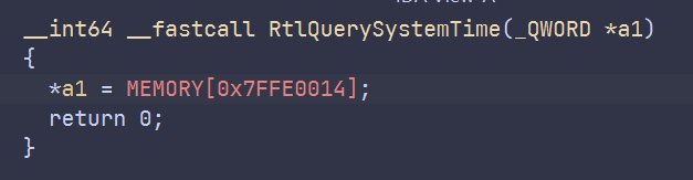 IDA pseudocode for RtlQuerySystemTime showing a read from shared user data at address 0x7FFE0014 followed by return zero, with no syscall instruction.