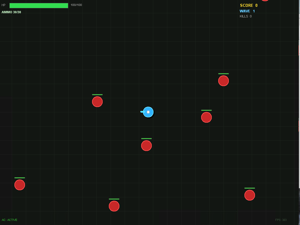 The TBMKE game at wave 1. A cyan player sits in the middle of a dark grid surrounded by red enemies. The HUD shows 100 health, 30 ammunition, wave 1, and an anti-cheat active label.